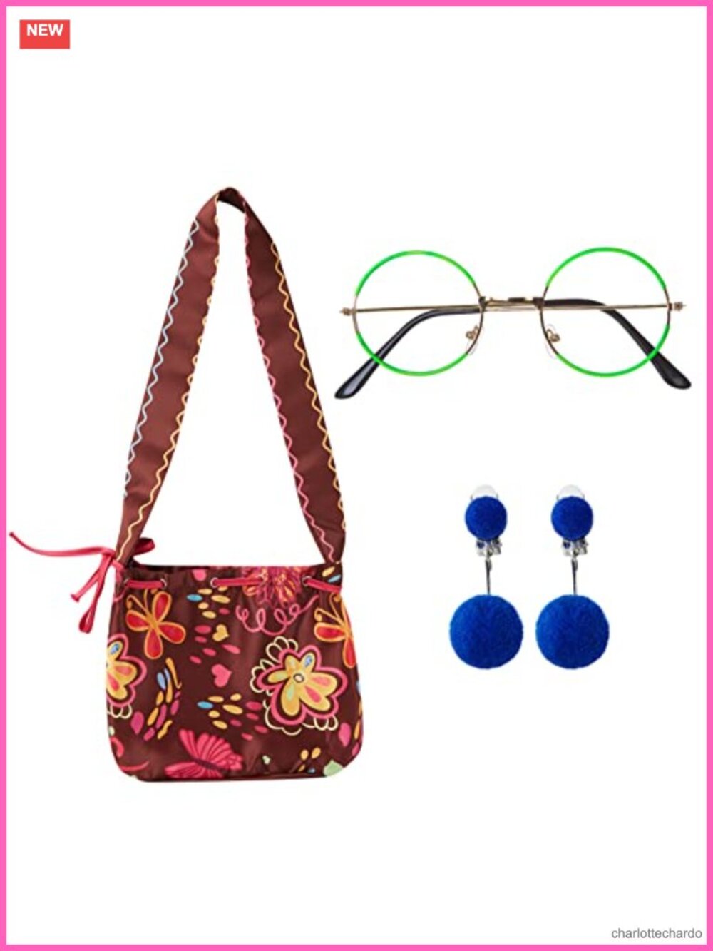 Metal Round Glasses Floral Print Purse Clip-On Earrings Costume Accessory Set